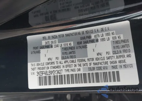 2022 Mazda Mazda3 Select from USA, damaged, VIN 3MZBPABL6NM313427